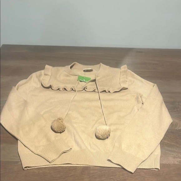 Tan Wool-Cashmere Sweater with Pom Pom Ties & Ruffled Collar Sz L - Picture 2 of 7